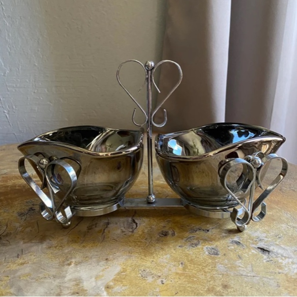 Vintage Mid Century Modern silver fade glass dish with heart caddy barware